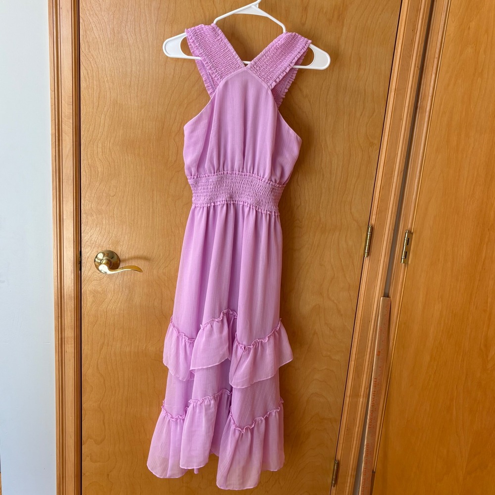 Betsey Johnson Midi Dress Women XS Purple Smocked Halter Tiered Ruffle Lavender